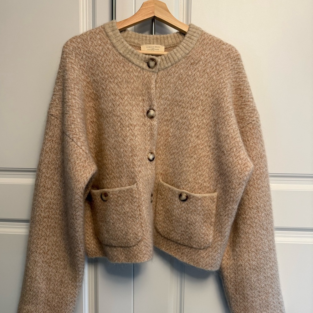 ✨Sézane Teo Jacket XL Mottled Beige Mohair Wool Cropped Knit Cardigan Coat - Picture 2 of 12